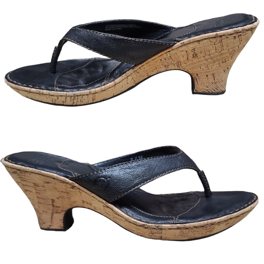 Born Black Leather Cork Wedge Heel Thong Sandals 7